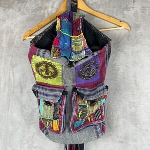 Boho Patchwork Peace Sign Backpack Multicolor Hippie Festival Bag Acid Wash